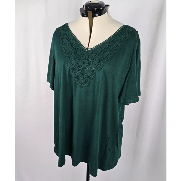 Bloomchic T-Shirt Women's 2X Green Solid Ruffle Short Sleeve Lace V-Neck NWT - Picture 13 of 13